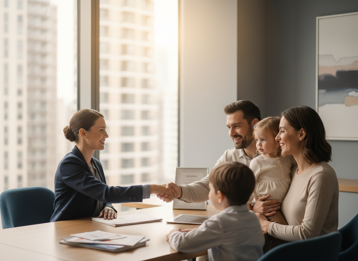 Perry White Insurance advisor meeting with a family in a bright office